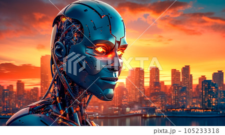 robot portrait with a futuristic city panorama in the background with sunset, future development concept, made with Generative AI 105233318