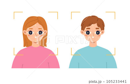 Face id concept, identification personal mobile app. Facial scan, biometric recognition and scanning. Person verification snugly vector concept Face id concept, identification personal mobile app. Facial scan, biometric recognition and scanning. Person verification snugly vector concept 105233441