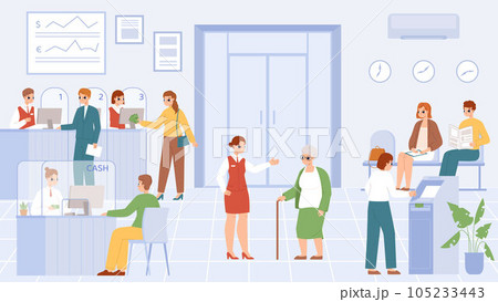 Bank office, finance service customers. Cashier, consultant and clients. Finance department interior, cartoon woman and man working, snugly vector scene Bank office, finance service customers. Cashier, consultant and clients. Finance department interior, cartoon woman and man working, snugly vector scene 105233443