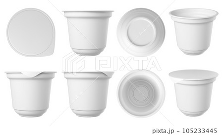 White realistic yogurt or ice cream container. Cups packaging with foil lid, plastic clear cup mockup. 3d dairy food package, isolated pithy vector set 105233445