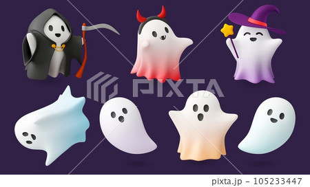 Cute 3d ghosts, render ghost halloween elements. Holiday cute horror characters, death and vampire, monster. Spooky pithy vector plasticine set 105233447