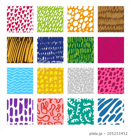 Scribble hand drawn seamless pattern kit. Dotted grunge children textures, abstract graphic fabric print. Hipster neoteric vector background 105233452
