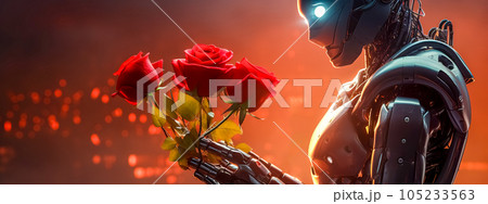 cute modern robot with a bouquet of red roses, gift to celebrate, banner made with Generative AI 105233563