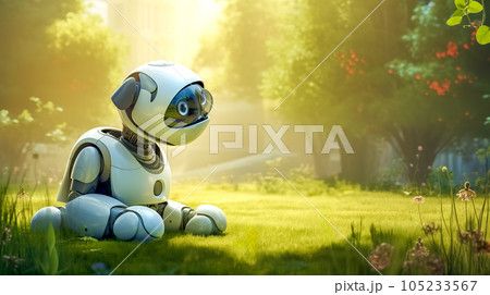 cartoon futuristic robotic dog in nature, copy space made with Generative AI 105233567