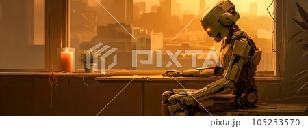 lonely abandoned robot in an old apartment, banner with copy space made with Generative AI 105233570