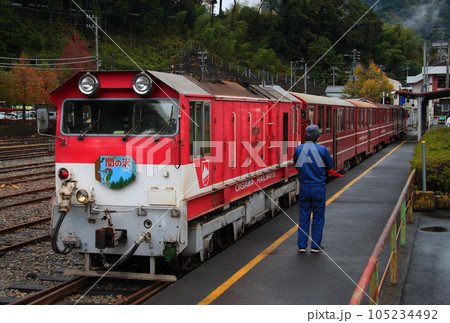 大井川鉄道の井川線、千頭駅で待機中のDD20形ディーゼル機関車編成 105234492
