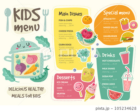 Menu for kids. Restaurant template menu print design with place for text recent vector Menu for kids. Restaurant template menu print design with place for text recent vector 105234628