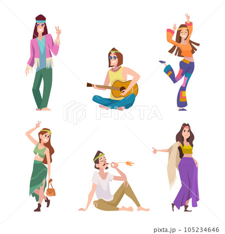 Hippie. Woodstock subculture hippie characters in various clothes exact vector cartoon people Hippie. Woodstock subculture hippie characters in various clothes exact vector cartoon people 105234646