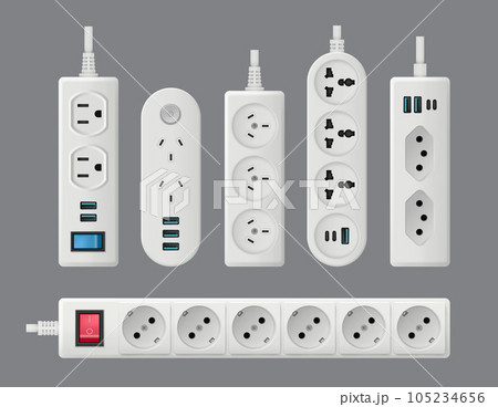 Electricity socket. Ac equipment electro plug with different connection types decent vector realistic template 105234656