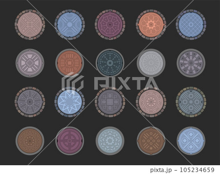 Manhole sewer. Top view for round steel sewer collection different types and textures recent vector decorative picture set Manhole sewer. Top view for round steel sewer collection different types and textures recent vector decorative picture set 105234659