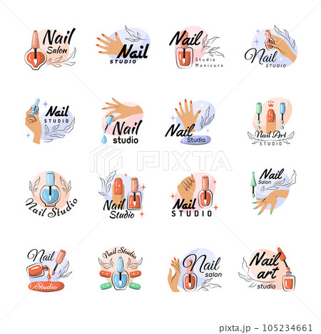 Manicure studio. Stylized simple logo for beauty woman recent vector nail salon templates symbols Manicure studio. Stylized simple logo for beauty woman recent vector nail salon templates symbols 105234661