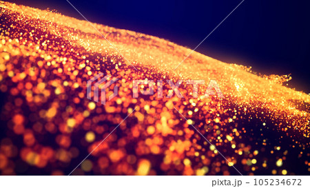 Abstract bg, golden magic glitters fly in air form beautiful swirls. Fiery sparkles float in viscous liquid. Sparkles in flow of turbulence force. 3d render 105234672