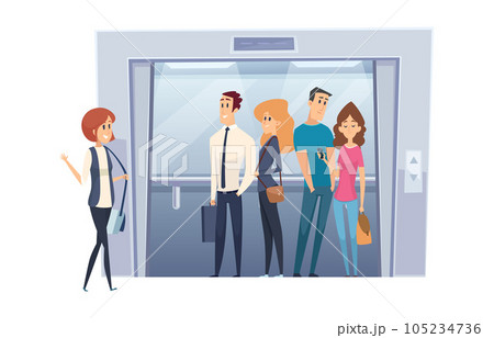 Business elevator. male and female characters standing in business center. vector cartoon people Business elevator. male and female characters standing in business center. vector cartoon people 105234736