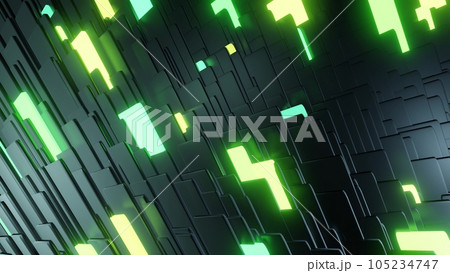 3d render. Simple geometric background with black plates flashing like green yellow neon lights. Creative colorful background. 105234747
