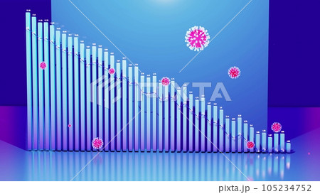 3d render. Abstract graph of descending columns or bars around which coronaviruses like covid-19 fly. Pandemic reduction concept. 3d abstract infographic background. 3d render. Abstract graph of descending columns or bars around which coronaviruses like covid-19 fly. Pandemic reduction concept. 3d abstract infographic background. 105234752