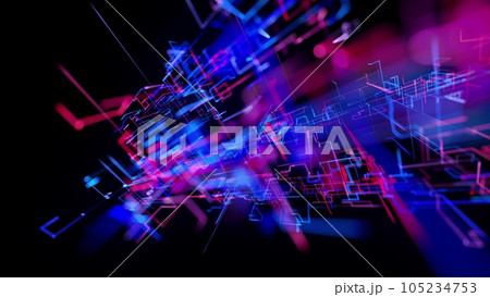 3d rendering sci-fi bg like abstract hologram. Multicolor neon glow lines form digital 3d space. Connection concept, visualization of multiple calculations of various branches neural network or AI 105234753