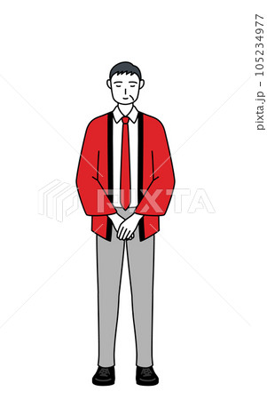 手を組んでお辞儀する赤い法被を着た販売員のシニア男性 手を組んでお辞儀する赤い法被を着た販売員のシニア男性 105234977