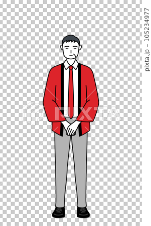手を組んでお辞儀する赤い法被を着た販売員のシニア男性 手を組んでお辞儀する赤い法被を着た販売員のシニア男性 105234977