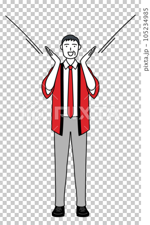 A senior male salesperson wearing a red happi coat with his hand on his mouth A senior male salesperson wearing a red happi coat with his hand on his mouth 105234985