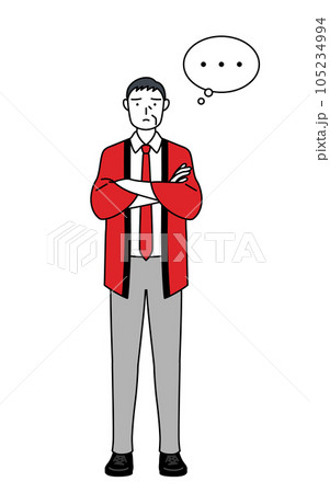 腕を組んで考える赤い法被を着た販売員のシニア男性 105234994