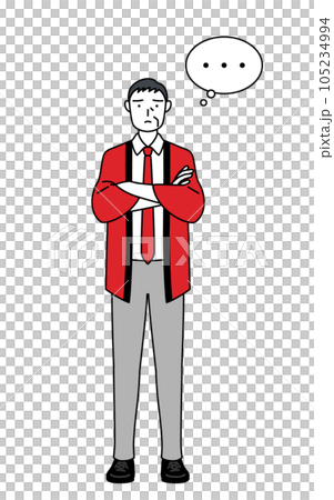 A senior male salesperson wearing a red happi coat thinking with his arms crossed 105234994