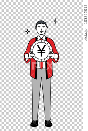 為替差益や円高のイメージ、赤い法被を着た販売員のシニア男性 為替差益や円高のイメージ、赤い法被を着た販売員のシニア男性 105235012