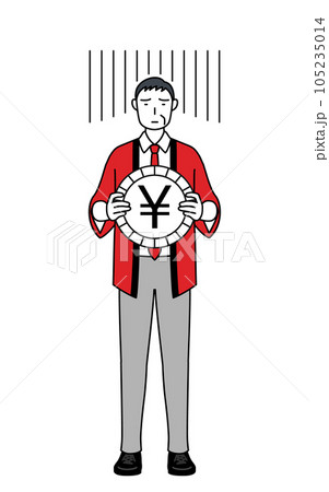 為替差損や円安のイメージ、赤い法被を着た販売員のシニア男性 為替差損や円安のイメージ、赤い法被を着た販売員のシニア男性 105235014