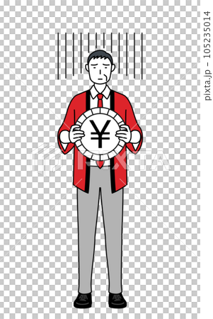 為替差損や円安のイメージ、赤い法被を着た販売員のシニア男性 為替差損や円安のイメージ、赤い法被を着た販売員のシニア男性 105235014