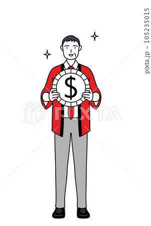 為替差益やドル高のイメージ、赤い法被を着た販売員のシニア男性 為替差益やドル高のイメージ、赤い法被を着た販売員のシニア男性 105235015