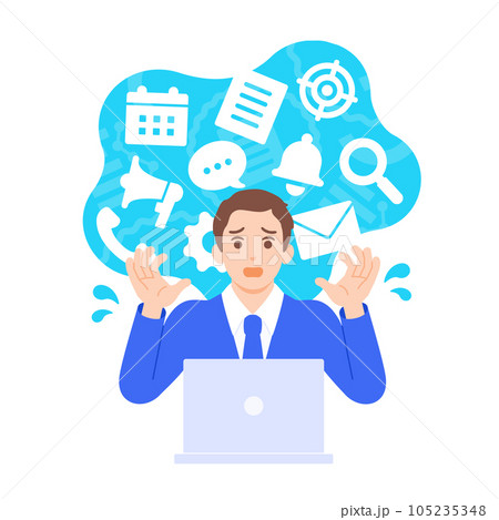 業務のタスクが溢れ焦っているビジネスパーソン。困っている男性のイラスト素材。 105235348