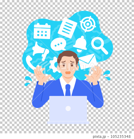 A business person who is full of business tasks and is in a hurry. Illustration material of a man in trouble. A business person who is full of business tasks and is in a hurry. Illustration material of a man in trouble. 105235348