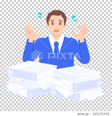 Vector illustration material of a confused businessman in front of a large amount of analog documents. 105235350