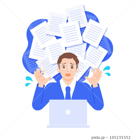 膨大なデータをどう処理していいのかわからないビジネスパーソンのベクターイラスト素材。 105235352