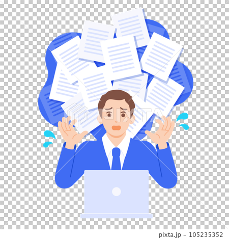 膨大なデータをどう処理していいのかわからないビジネスパーソンのベクターイラスト素材。 105235352