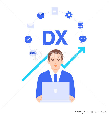 デジタル技術を用いてDXを導入。業務の効率化が実現したイメージ図。ベクターイラスト素材。 105235353