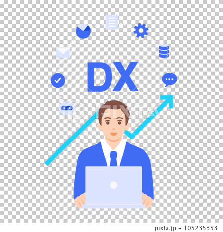 デジタル技術を用いてDXを導入。業務の効率化が実現したイメージ図。ベクターイラスト素材。 105235353