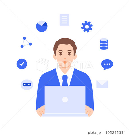 DX化が実現し快適に仕事をするビジネスマンのベクターラスト素材。 DX化が実現し快適に仕事をするビジネスマンのベクターラスト素材。 105235354