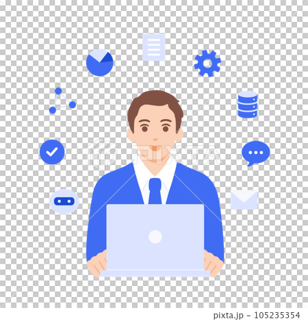 DX化が実現し快適に仕事をするビジネスマンのベクターラスト素材。 DX化が実現し快適に仕事をするビジネスマンのベクターラスト素材。 105235354