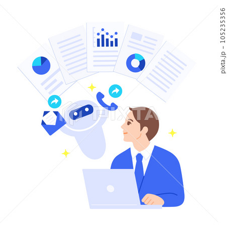 マーケティング担当者の活動を手助けするAI。マーケティングオートメーションのイメージイラスト素材。 105235356