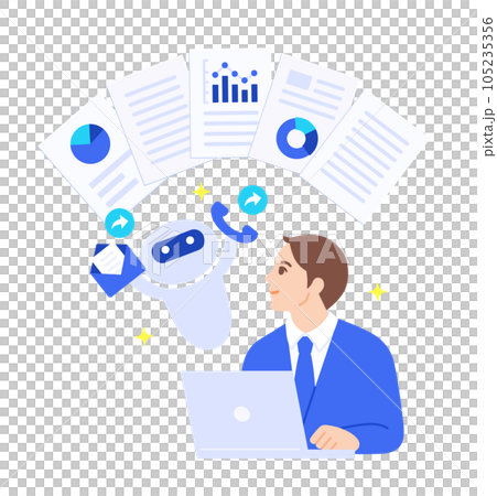 マーケティング担当者の活動を手助けするAI。マーケティングオートメーションのイメージイラスト素材。 105235356