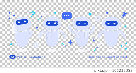 様々な表情のかわいいAI。チャットボットのイラストセット。 様々な表情のかわいいAI。チャットボットのイラストセット。 105235358