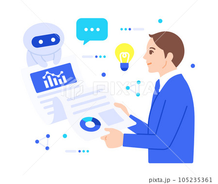 AIが人に変わって作業を行う。情報を分析。結果をビジネスマンに共有しているイラスト素材。 AIが人に変わって作業を行う。情報を分析。結果をビジネスマンに共有しているイラスト素材。 105235361