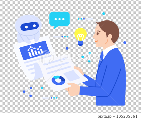 AIが人に変わって作業を行う。情報を分析。結果をビジネスマンに共有しているイラスト素材。 AIが人に変わって作業を行う。情報を分析。結果をビジネスマンに共有しているイラスト素材。 105235361