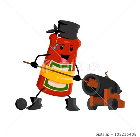 Cartoon fast food ketchup pirate and corsair character. Fast food restaurant dish tomato or chili sauce corsair cheerful personage, takeaway cafe ketchup isolated vector comical mascot loading cannon 105235408