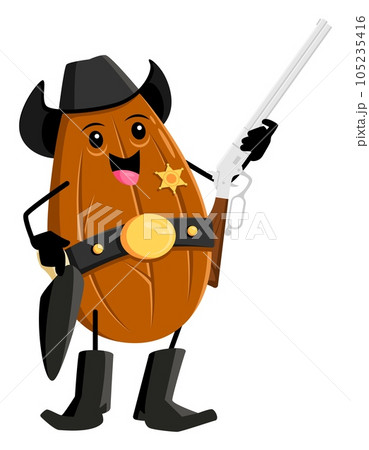 Cartoon almond nut cowboy sheriff character. Vector tough, rugged, and iconic with a western twist kernel personage holding rifle, representing the Wild West spirit and the deliciousness of almonds 105235416