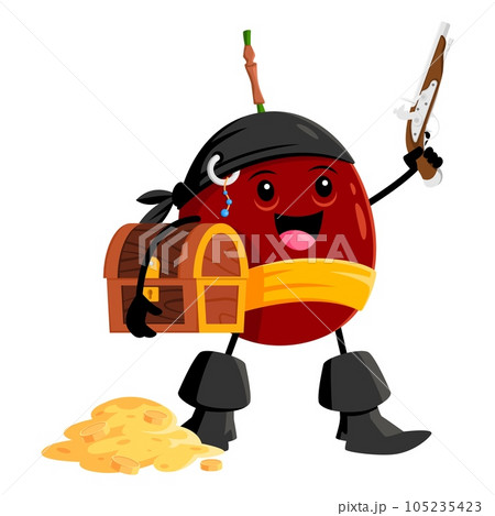 Cartoon passion fruit pirate character with gun and treasure chest. Isolated vector swashbuckling tropical fruit personage exudes adventure, courage, and cunning. Funny nautical rover or robber 105235423