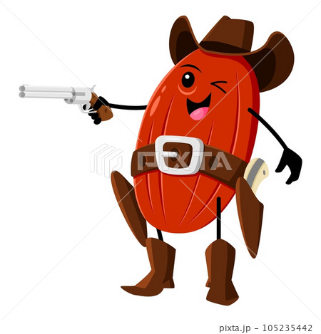 Cartoon peanut robber or bandit character. Vector nut cowboy aiming with gun into target. Wild west ranger hero wear hat and boots holding pistol. Western healthy food personage, horseman vitamin Cartoon peanut robber or bandit character. Vector nut cowboy aiming with gun into target. Wild west ranger hero wear hat and boots holding pistol. Western healthy food personage, horseman vitamin 105235442