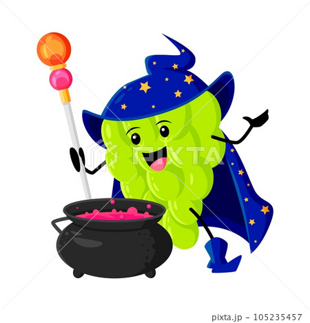 Cartoon grapes fruit wizard or magician character brewing magic potion in cauldron. Funny vector ripe green grape sorcerer Halloween personage in witch hat and cape with magic pot. Wiz plant enchanter Cartoon grapes fruit wizard or magician character brewing magic potion in cauldron. Funny vector ripe green grape sorcerer Halloween personage in witch hat and cape with magic pot. Wiz plant enchanter 105235457