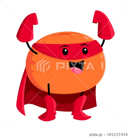 Cartoon orange fruit superhero and defender character wear red cape and mask, fighting off evil villains to protect the fruity kingdom. Isolated vector sweet citrus super hero personage, vitamin food 105235458