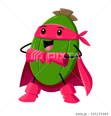 Cartoon feijoa fruit superhero character. Isolated vector lively super hero tropical fruit personage with superpower, complete with a colorful pink costume, mask, and cape ready to protect health 105235469